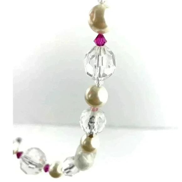 Clear Chunky Glass Heart Plastic Beaded Necklace Wired Faux Pearl 18" long - Picture 8 of 11